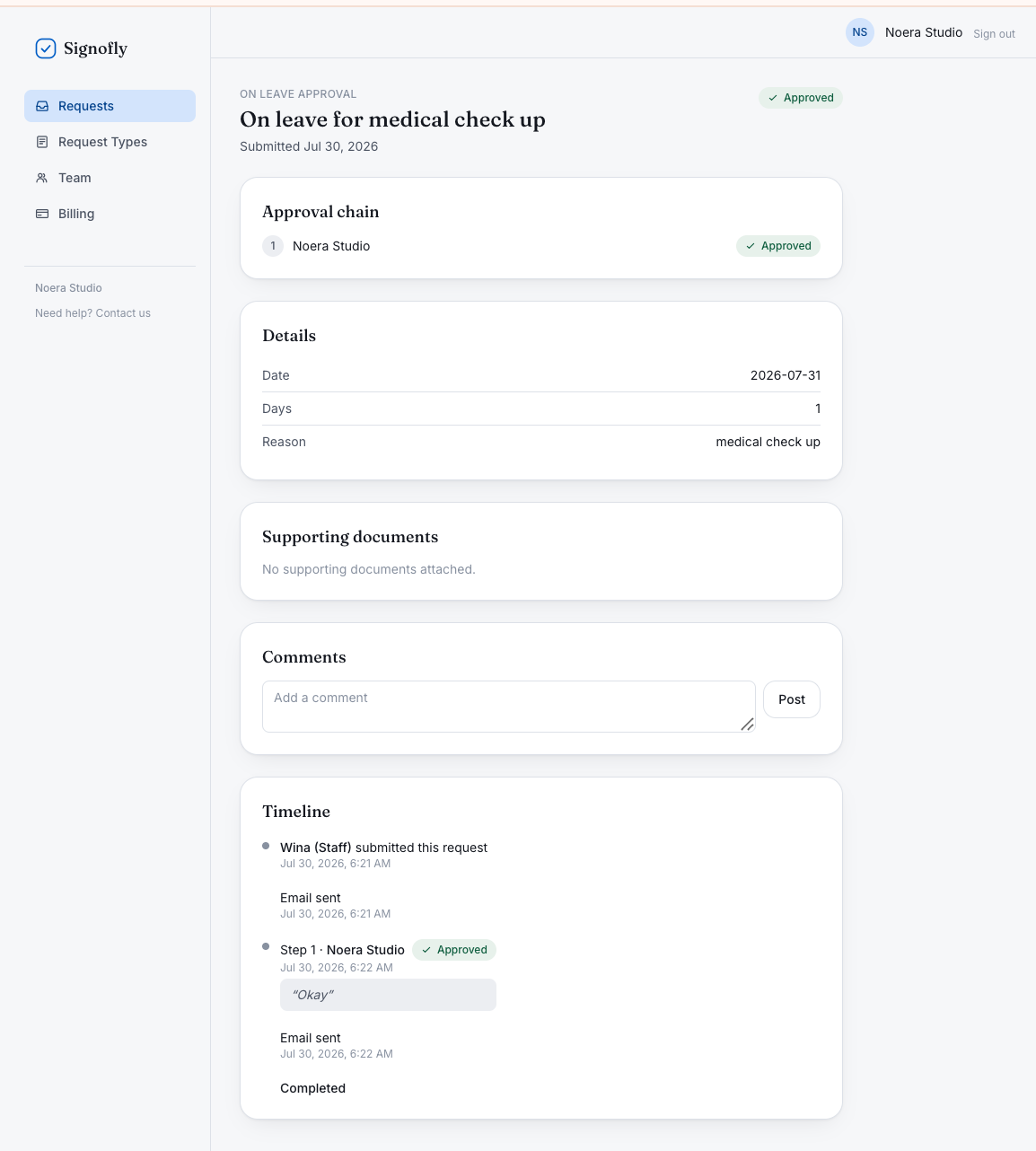 Signofly request detail page, with approval chain and full timeline