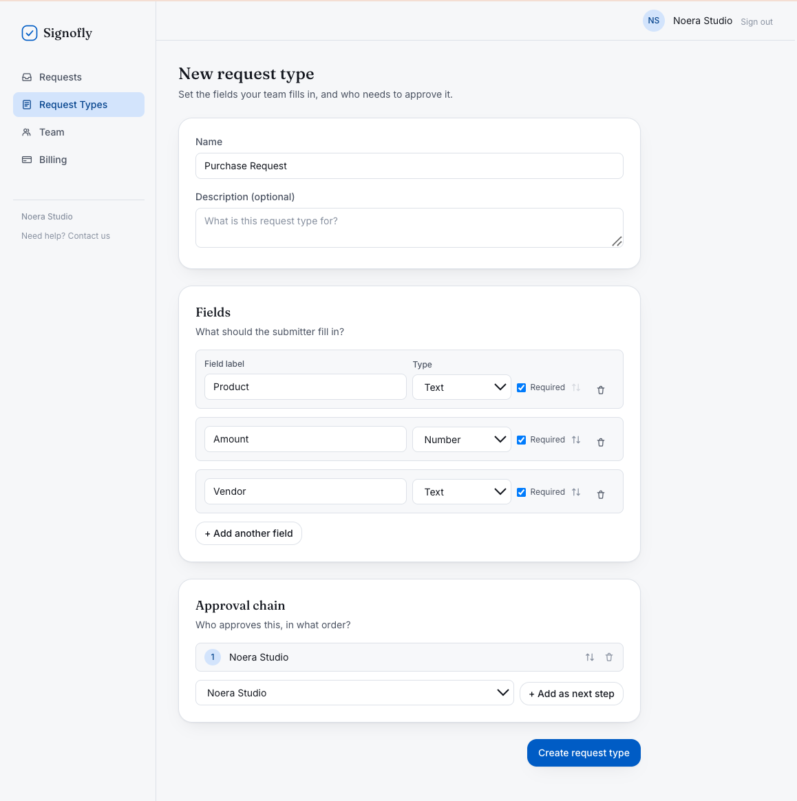 Signofly new request type builder, with custom fields and an approval chain