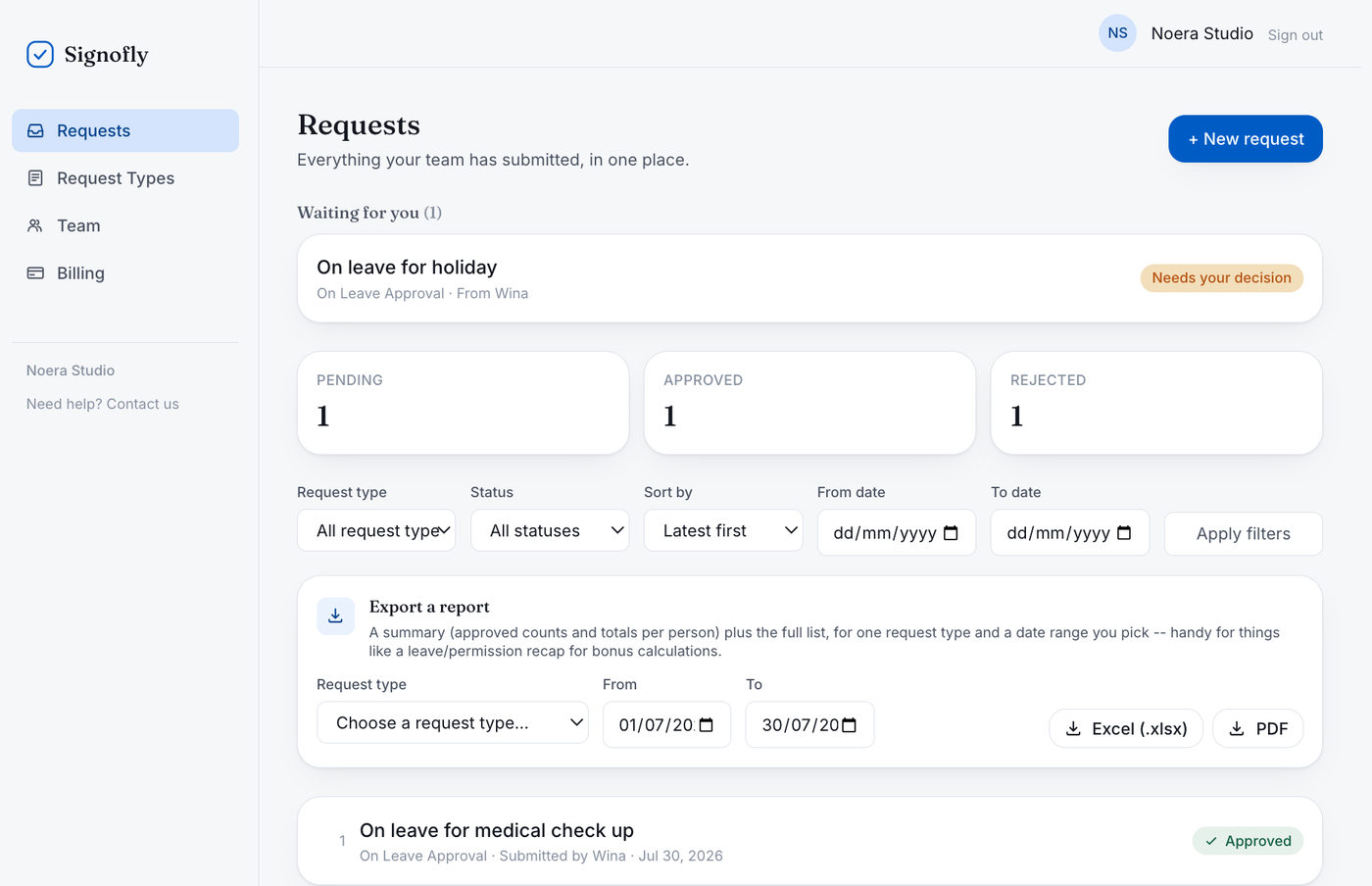Signofly requests dashboard, showing pending, approved and rejected counts